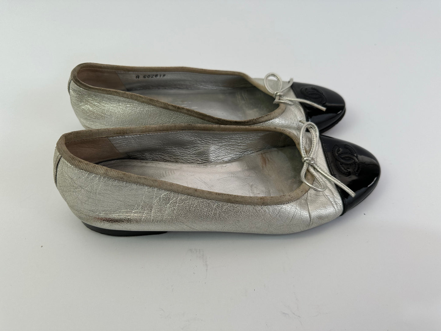 CHANEL Silver Lambskin CC Ballerina Flats Size 36.5 EU