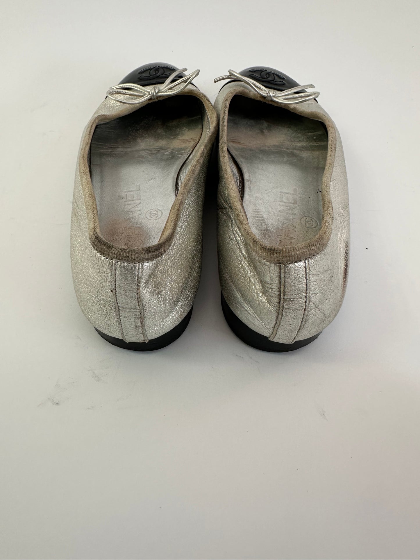 CHANEL Silver Lambskin CC Ballerina Flats Size 36.5 EU