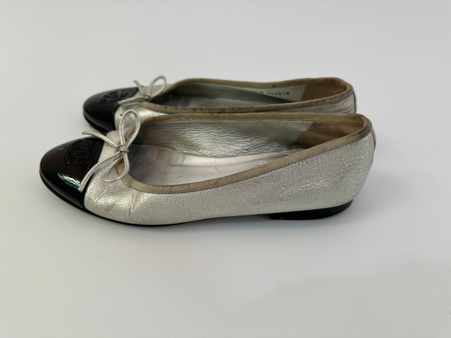 CHANEL Silver Lambskin CC Ballerina Flats Size 36.5 EU