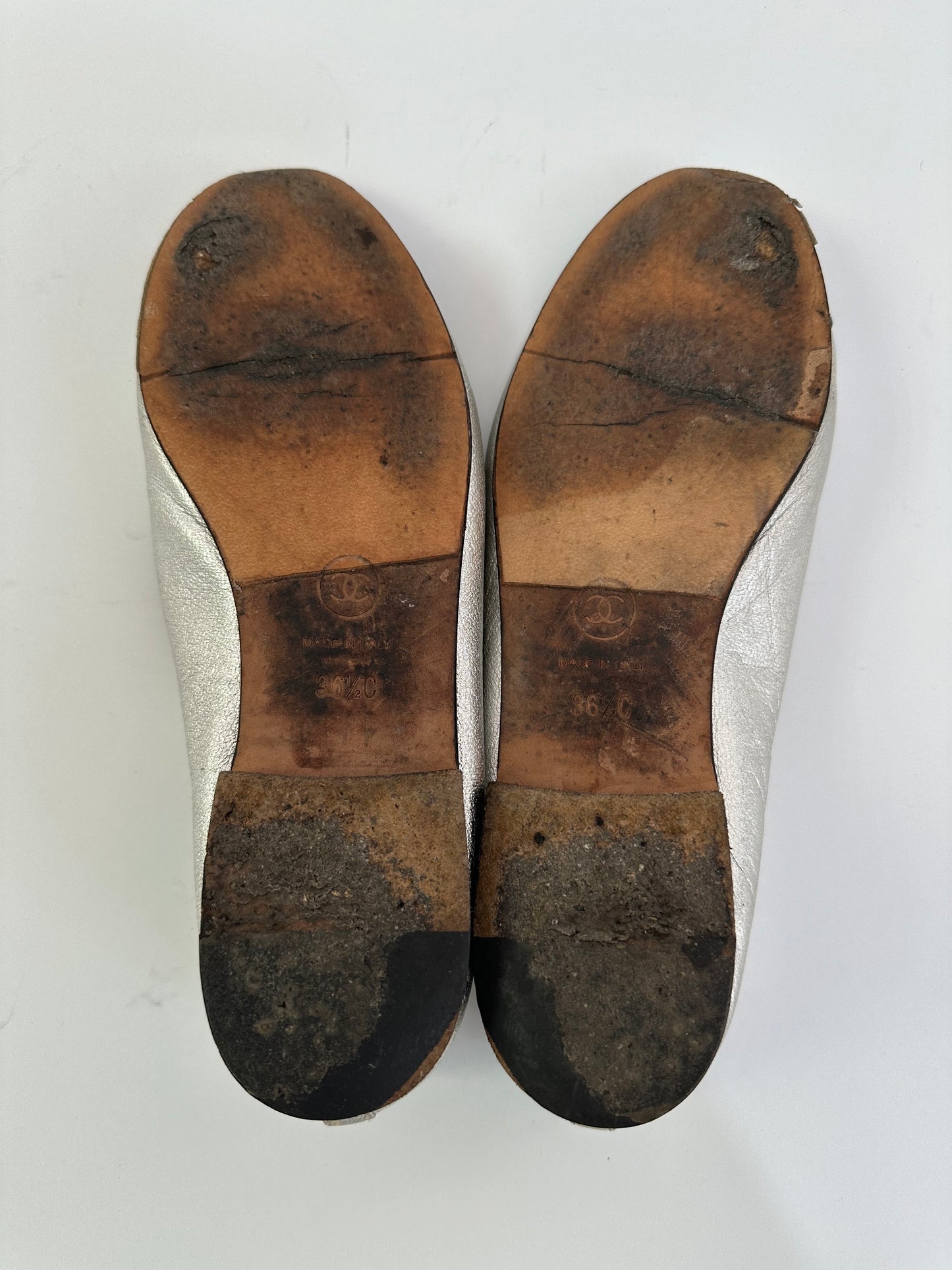 CHANEL Silver Lambskin CC Ballerina Flats Size 36.5 EU
