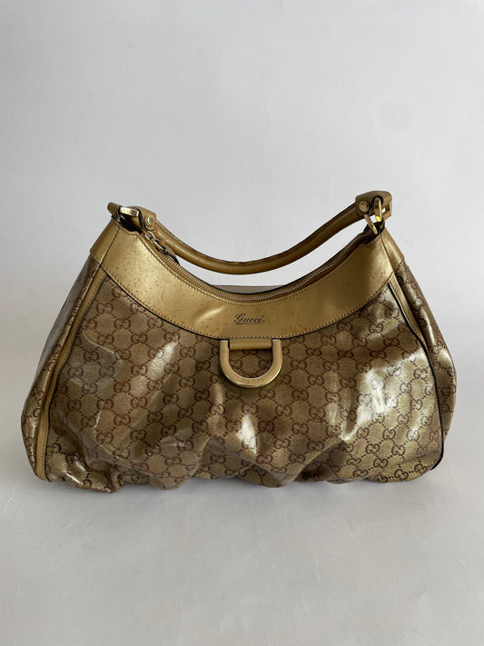 GUCCI Beige/Gold GG Canvas Large D Ring Hobo Bag
