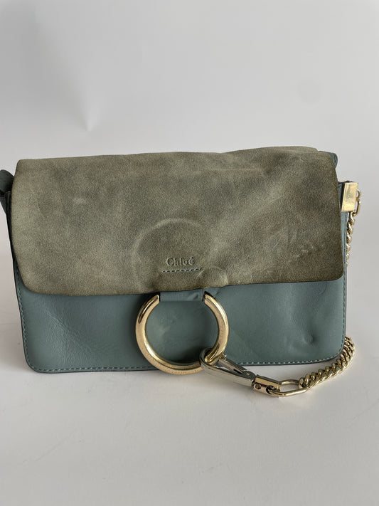 CHLOE Calfskin Suede Mini Chain Faye Shoulder Bag Cloudy Blue