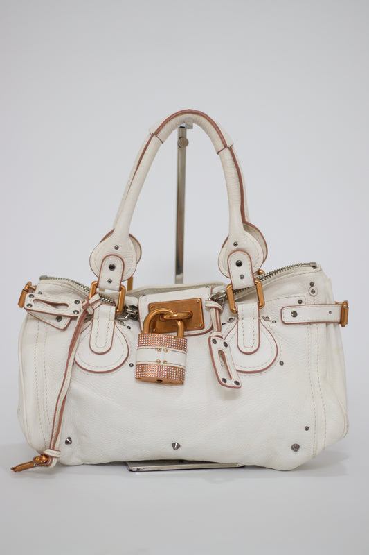 CHLOE
White Pebbled Leather Paddington Medium Satchel Bag