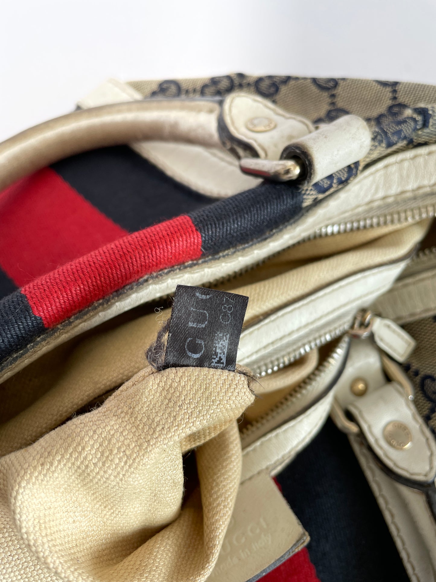 GUCCI Beige/White GG Canvas Vintage Web Medium Boston Bag