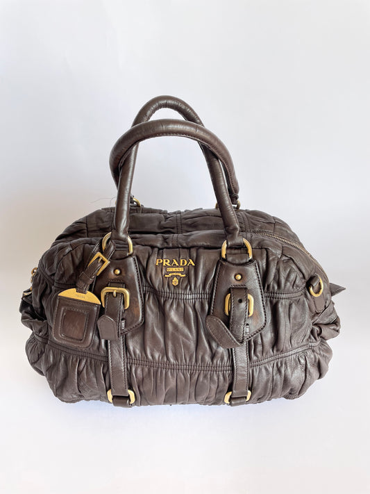 PRADA Brown Nappa Gaufre Leather Satchel Bag.