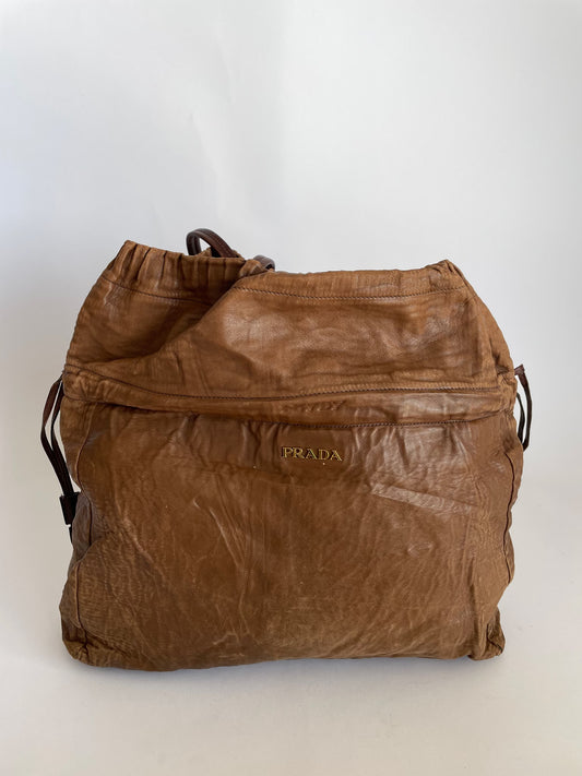 PRADA Brown Nappa Antique Leather Drawstring Shopping Tote Bag