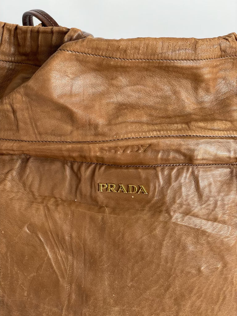 PRADA Brown Nappa Antique Leather Drawstring Shopping Tote Bag