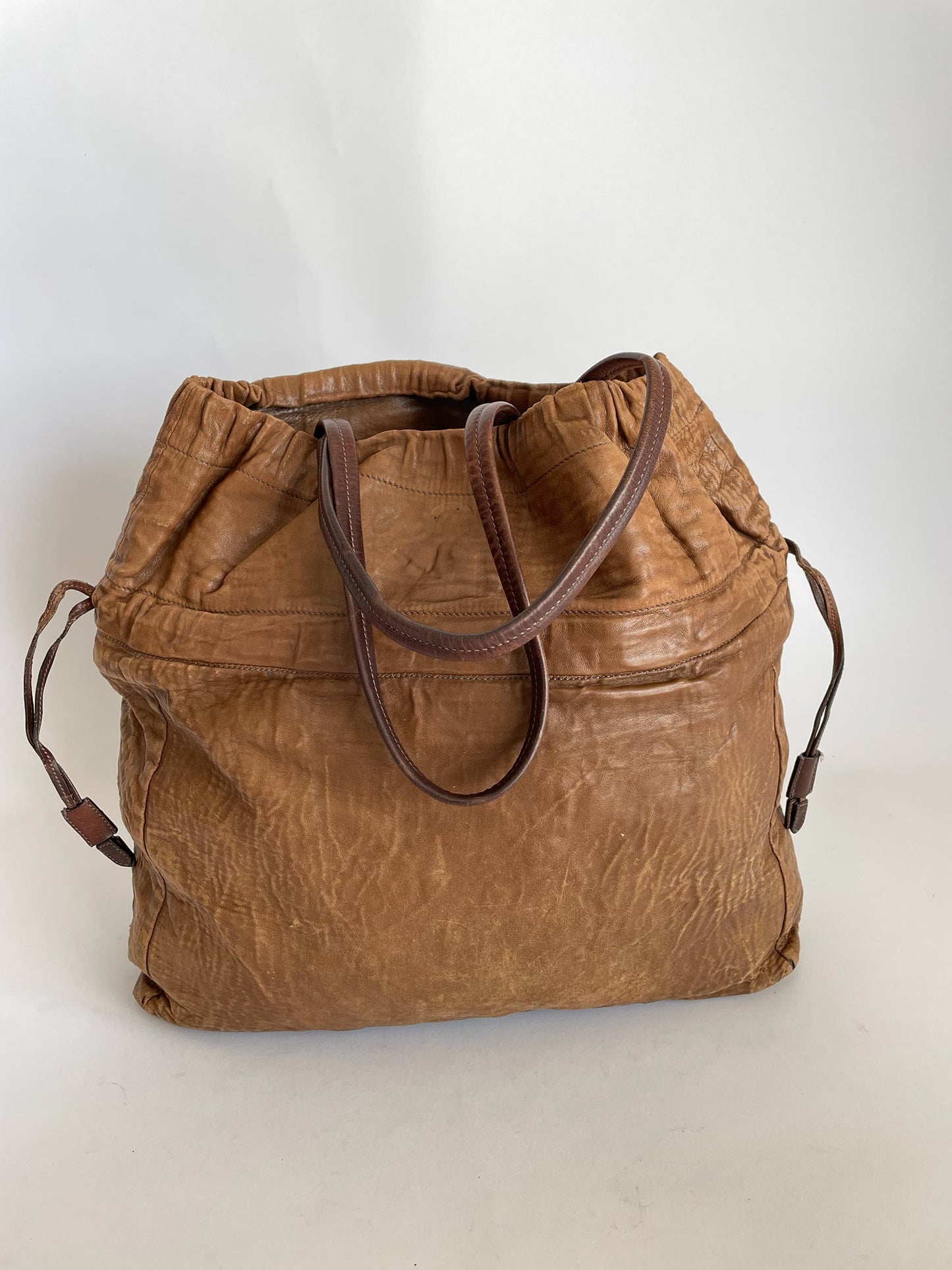 PRADA Brown Nappa Antique Leather Drawstring Shopping Tote Bag