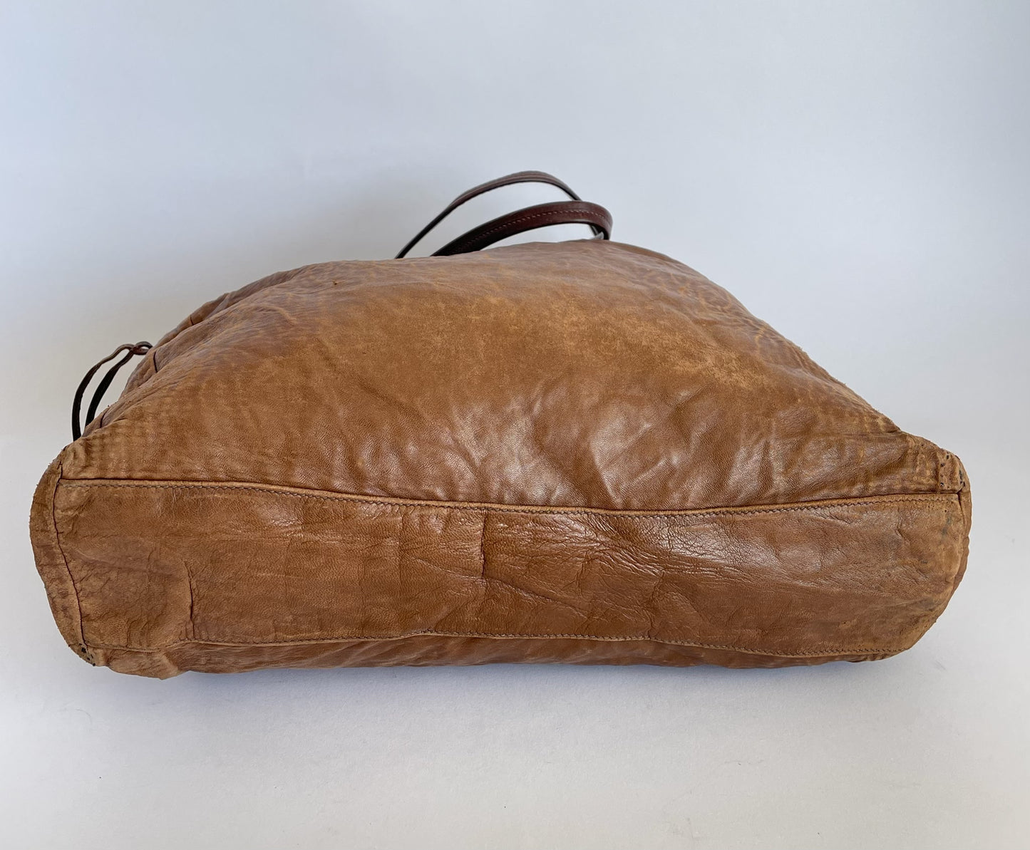 PRADA Brown Nappa Antique Leather Drawstring Shopping Tote Bag
