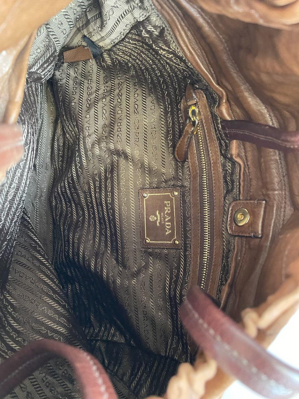 PRADA Brown Nappa Antique Leather Drawstring Shopping Tote Bag