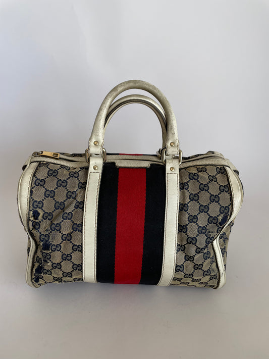 GUCCI Beige/White GG Canvas Vintage Web Medium Boston Bag