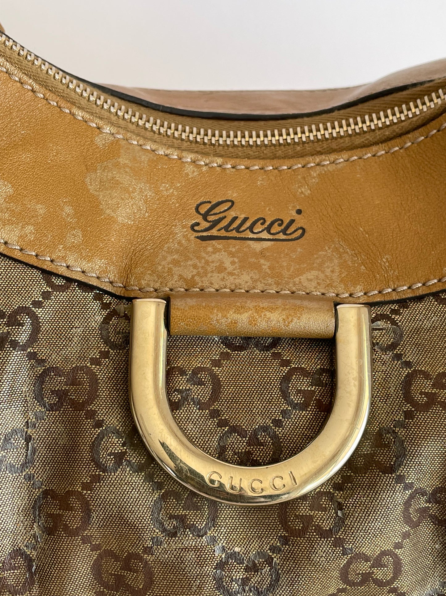 GUCCI Beige/Gold GG Canvas Large D Ring Hobo Bag