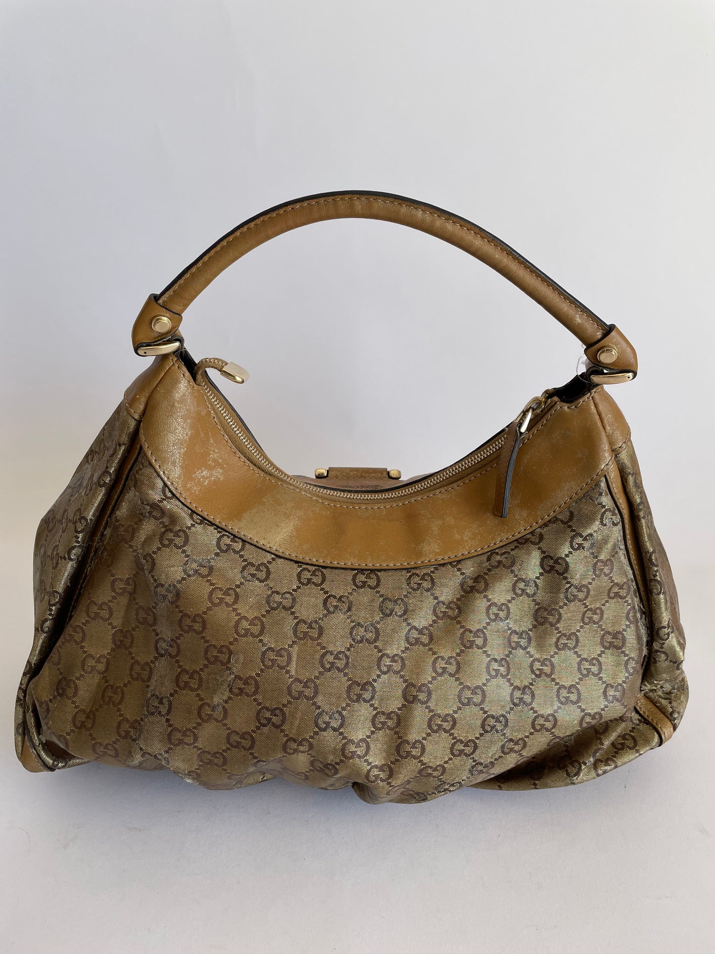 GUCCI Beige/Gold GG Canvas Large D Ring Hobo Bag