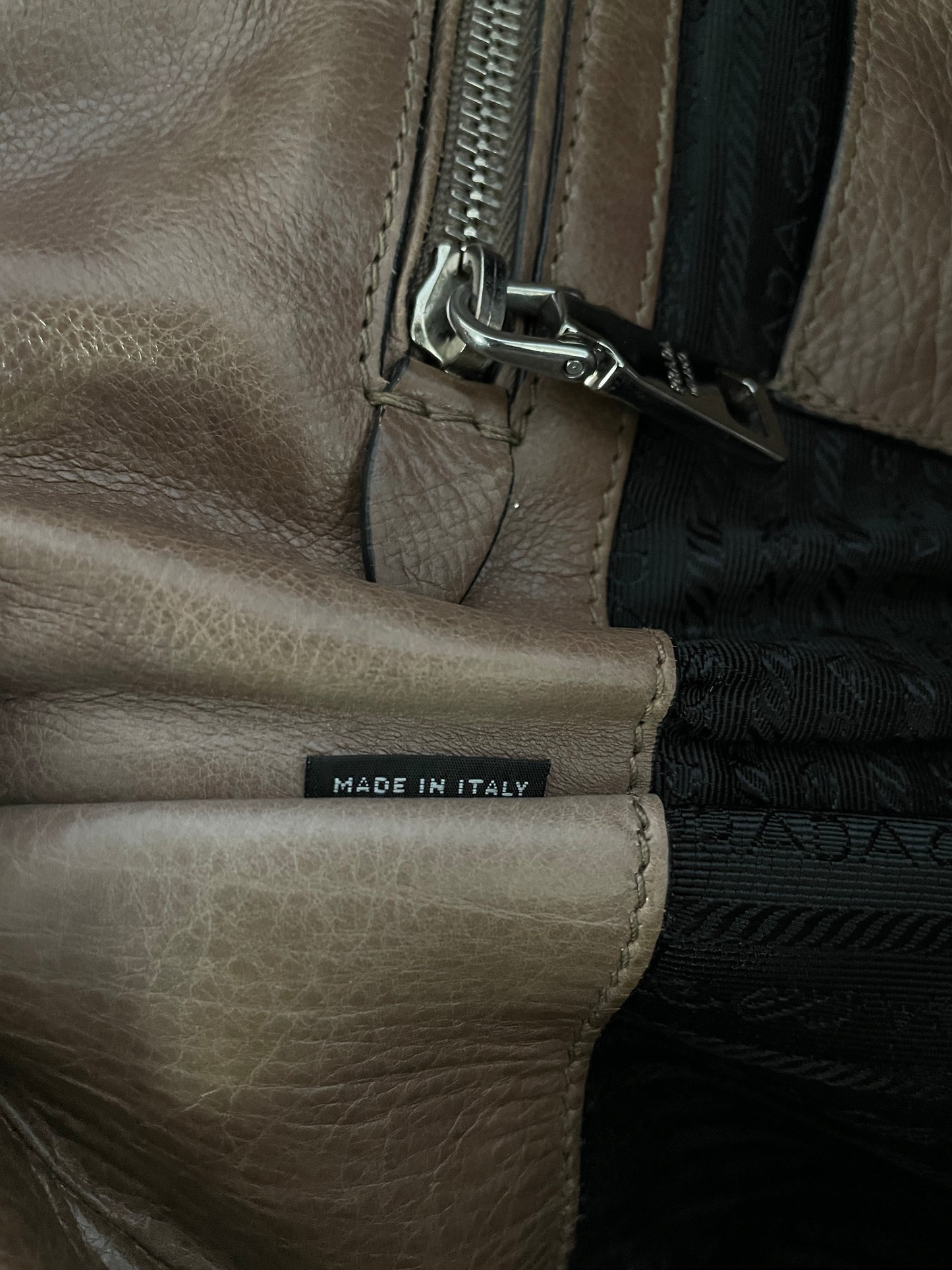 PRADA Glace Calf Twin Pocket Tote Argilla