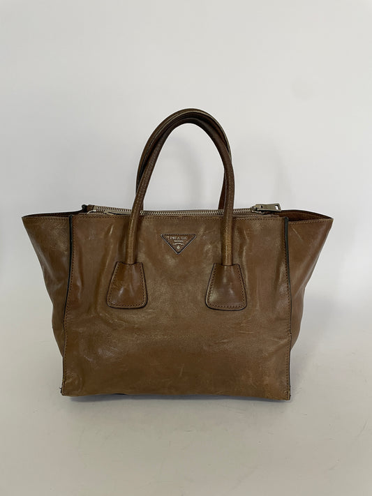 PRADA Glace Calf Twin Pocket Tote Argilla