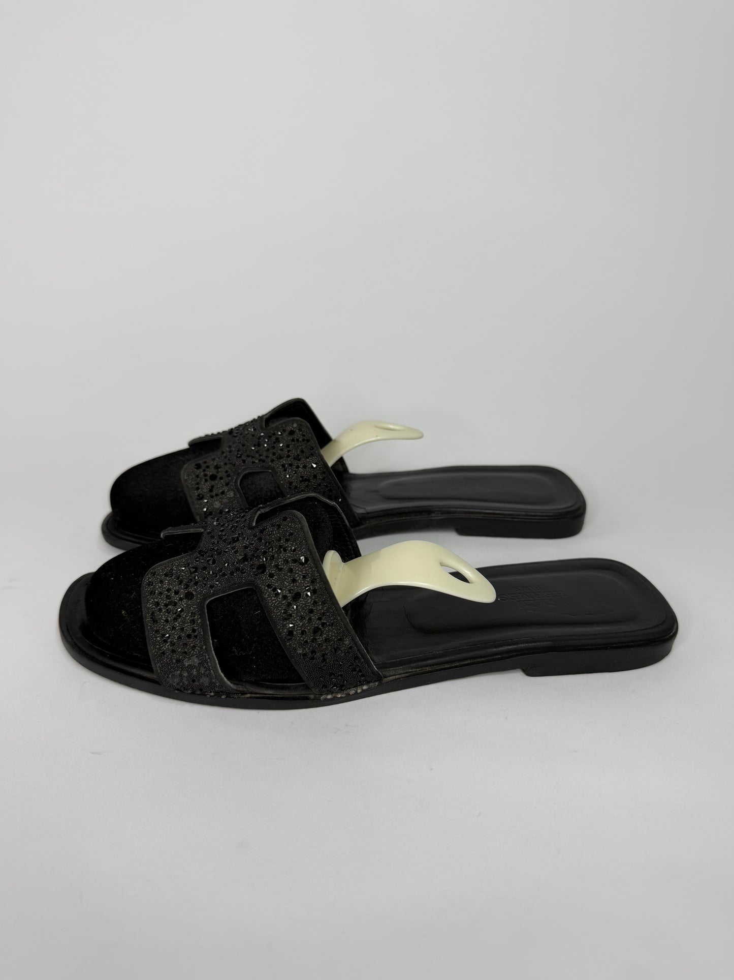 Hermes Black Suede Oran Crystal Embellished Sandals Size 40 EU/ 10 US