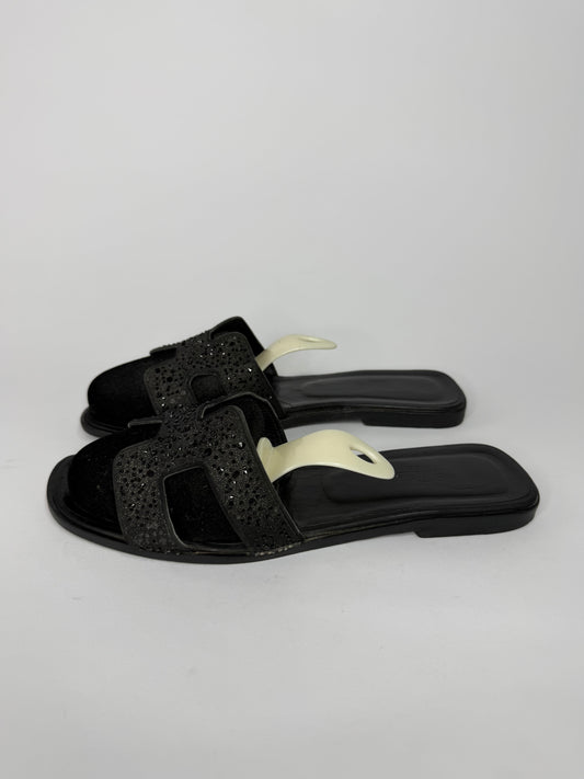Hermes Black Suede Oran Crystal Embellished Sandals Size 40 EU/ 10 US