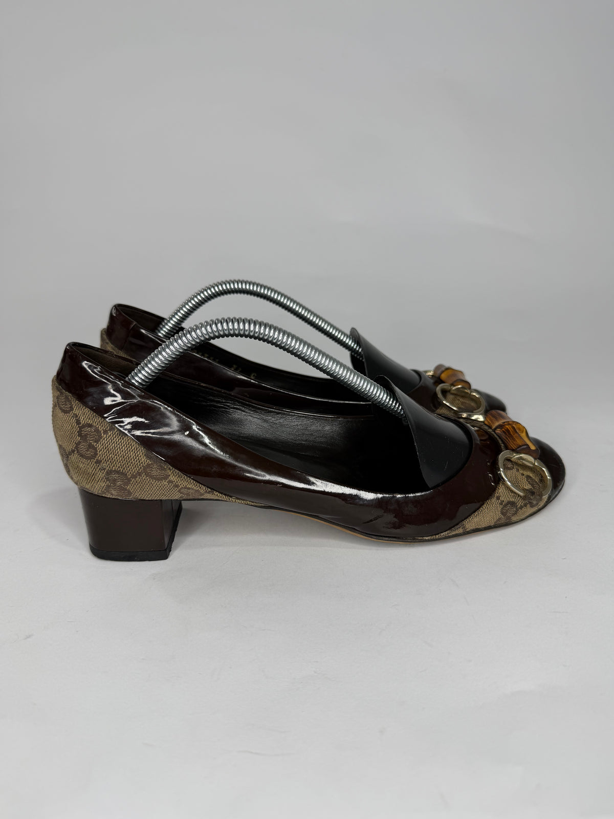 Gucci Brown GG Crystal Canvas and Leather Bamboo Horsebit Block Heel Pumps Size 37 EU/ 7 US / 4 UK