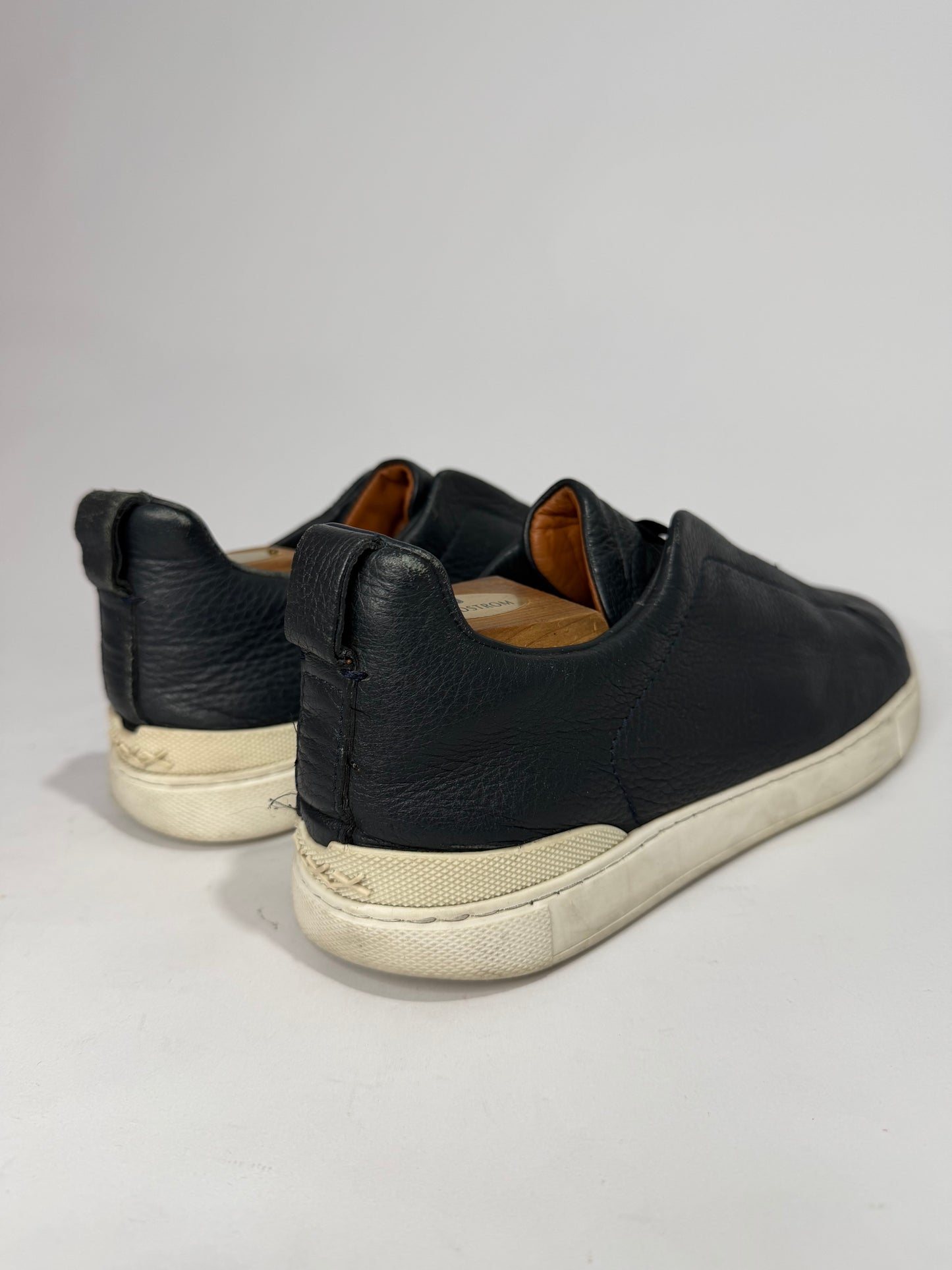 Ermenegildo Zegna Navy Leather triple stitch Slip On Sneakers Size 8 UK/ 9 US