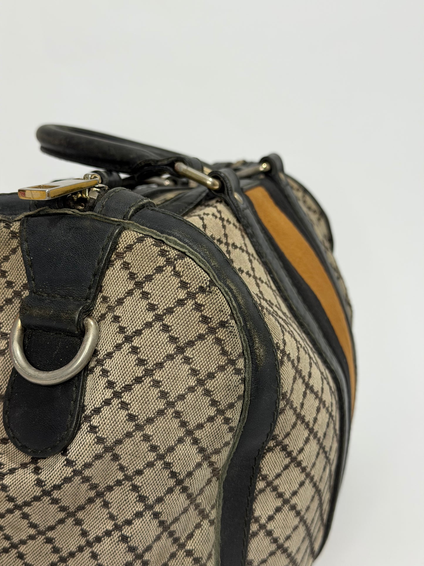 Gucci Black/Beige Diamante Canvas Medium Vintage Web Boston Bag