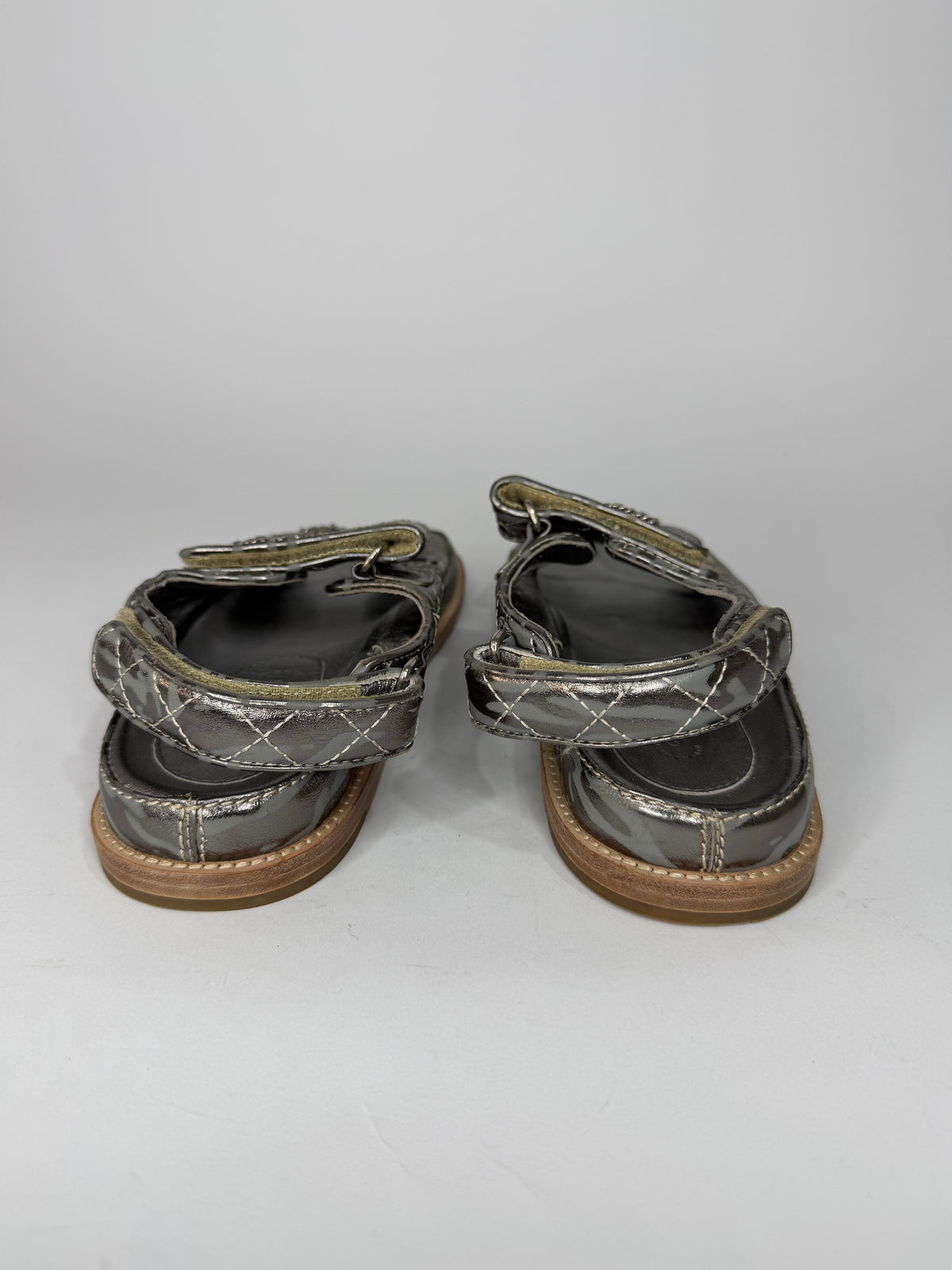 Chanel Metallic Silver Quilted CC Logo Double-Strap Sandals Size 38 EU/ 8 US