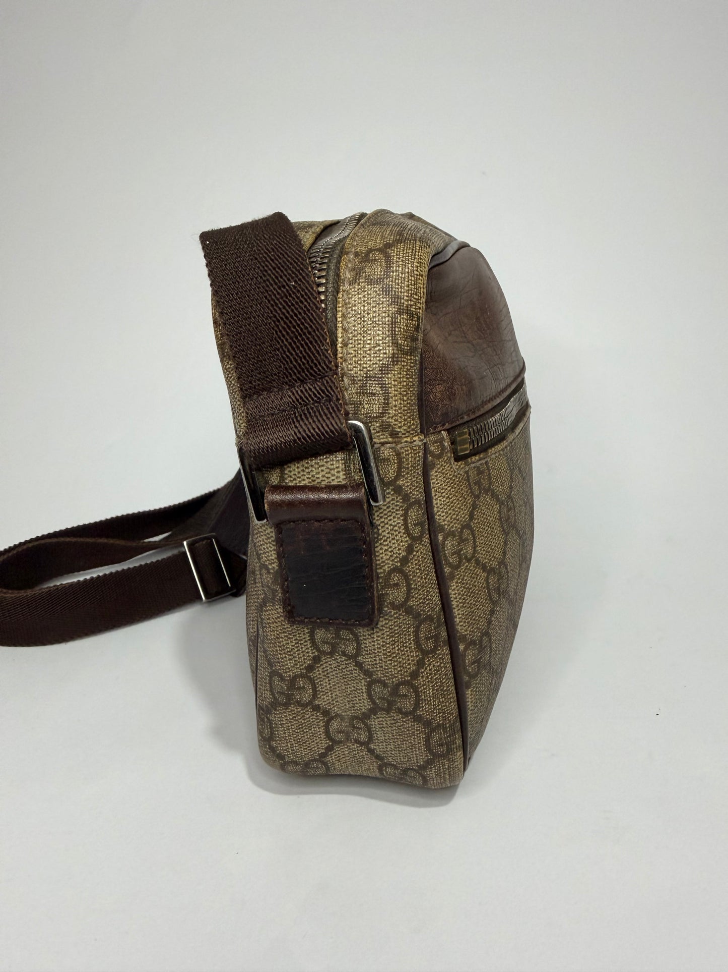 Vintage Gucci GG Supreme Monogram Crossbody Shoulder Bag Brown PVC Leather Trim