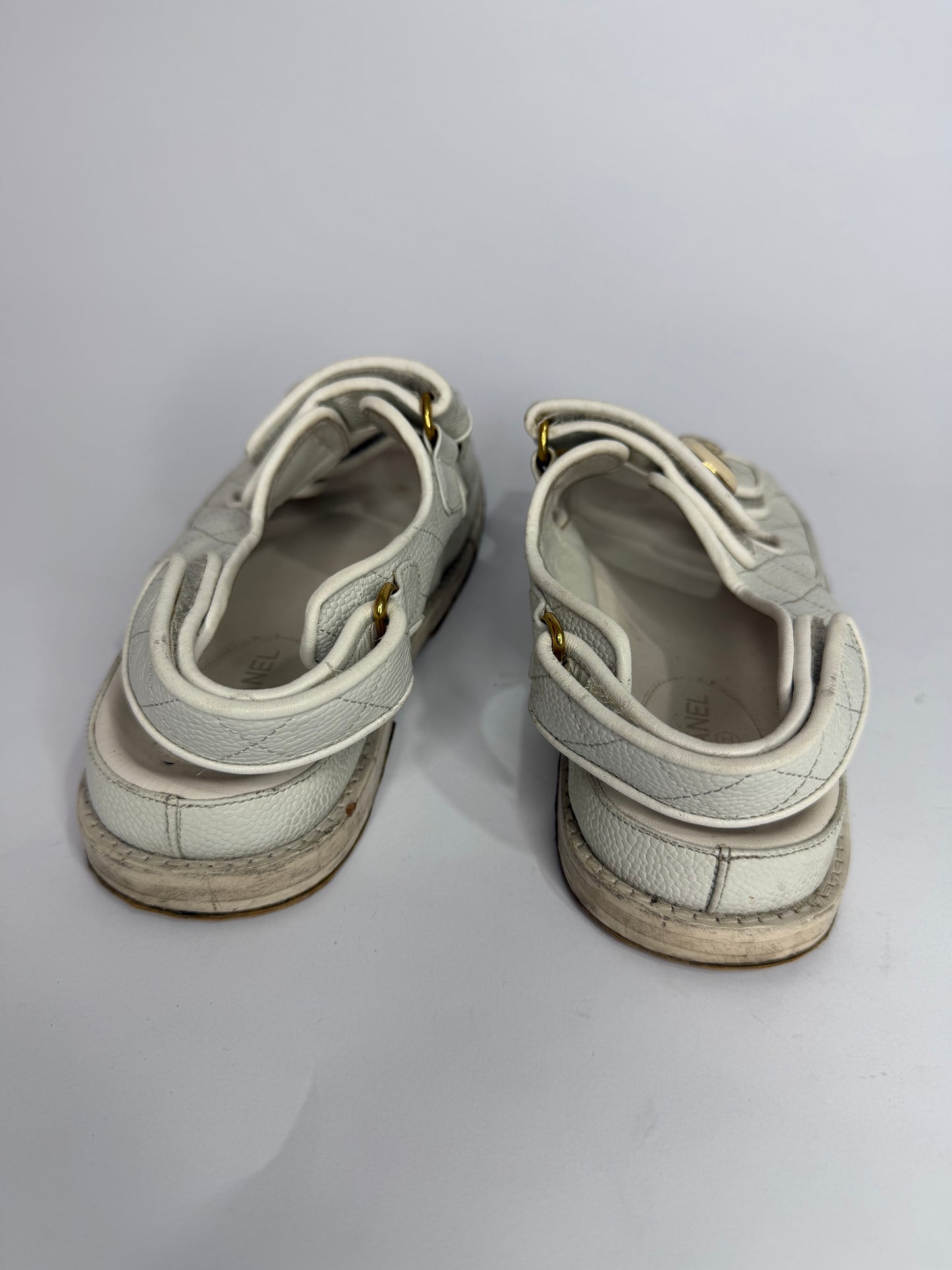 Chanel White Quilted Leather Dad CC Velcro Strap Flat Sandals Size 36