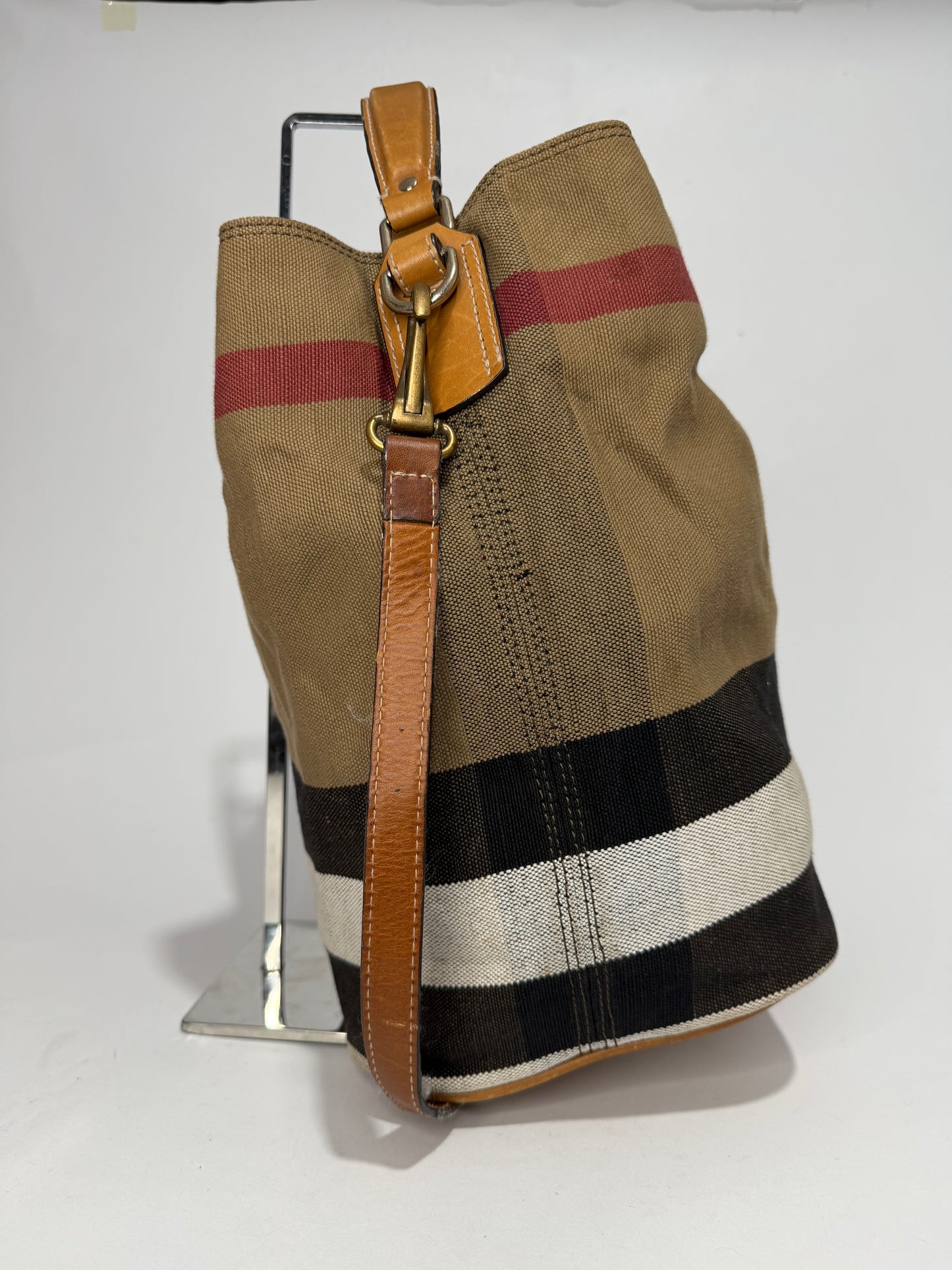 BURBERRY Canvas Mega Check Medium Ashby Hobo Saddle