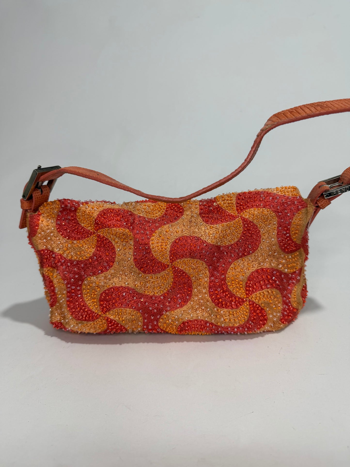 FENDI BEADED SWIRL SHOULDER BAGUETTE BAG IN ORANGE