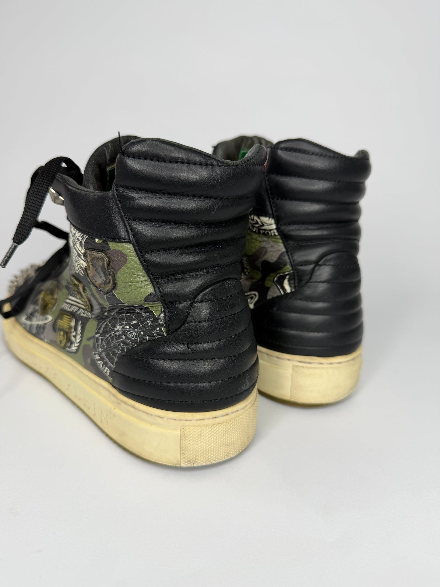 Philipp Plein Studded High-Top Sneakers Black Camo Leather Military Print Men’s EU 42