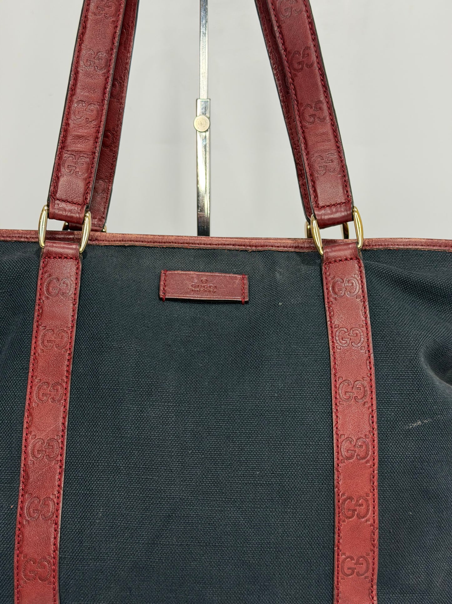 Vintage Gucci Canvas Tote Bag with Red GG Embossed Leather Straps