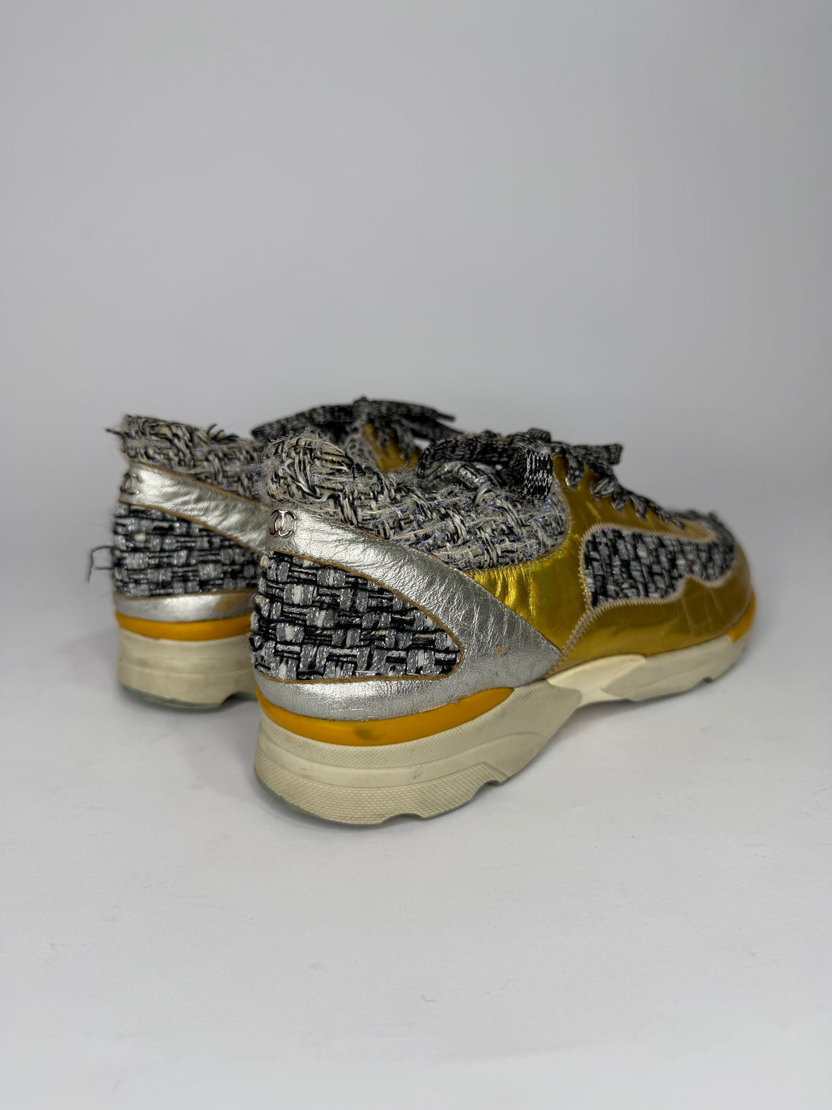 Chanel Monochrome Tweed and Metallic Leather Sneakers Size 39 EU/ 9 US / 6 UK