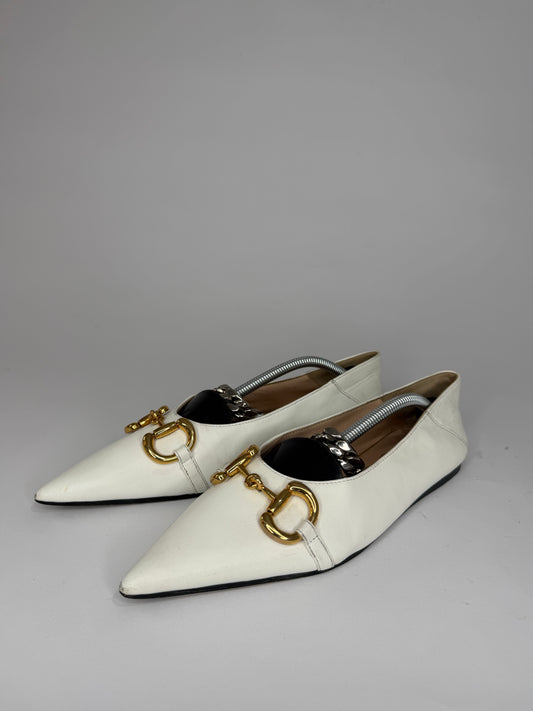 Gucci White Horsebit Ballet Flats Size 38 EU/ 8 US
