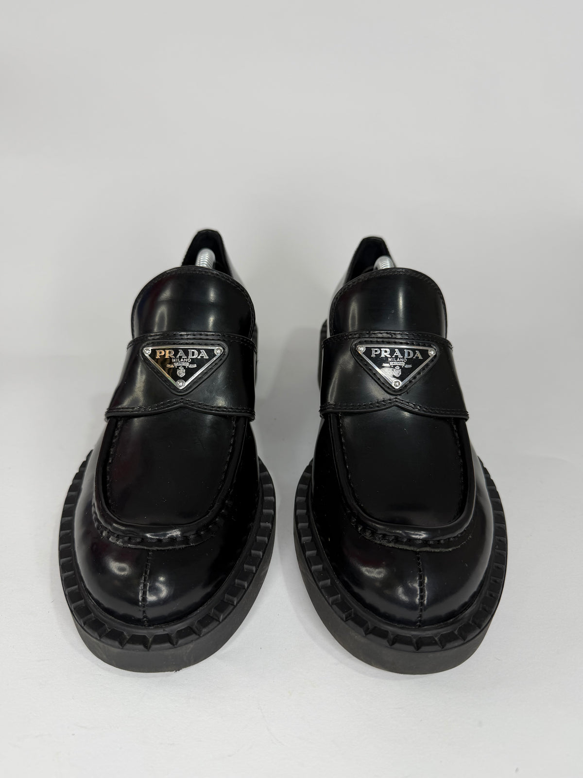 PRADA Vernice Metal Triangle Logo 50mm Loafers Size 37 EU/7 US/ 4 UK
