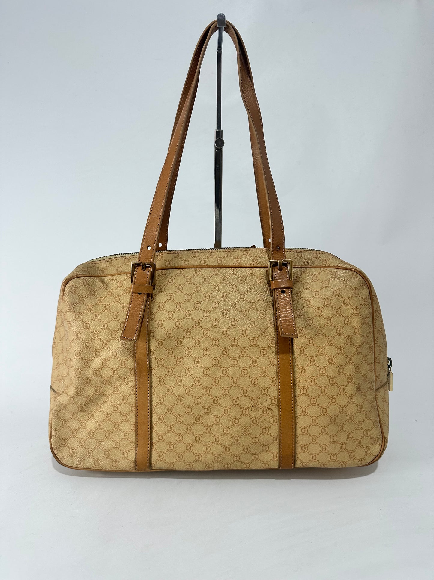 Vintage Celine Macadam Coated Canvas Boston Shoulder Bag – Tan/Brown – Made in Italy