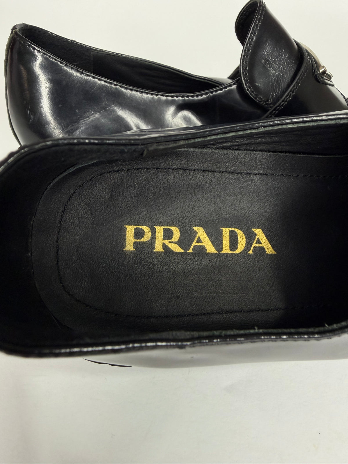 PRADA Vernice Metal Triangle Logo 50mm Loafers Size 37 EU/7 US/ 4 UK