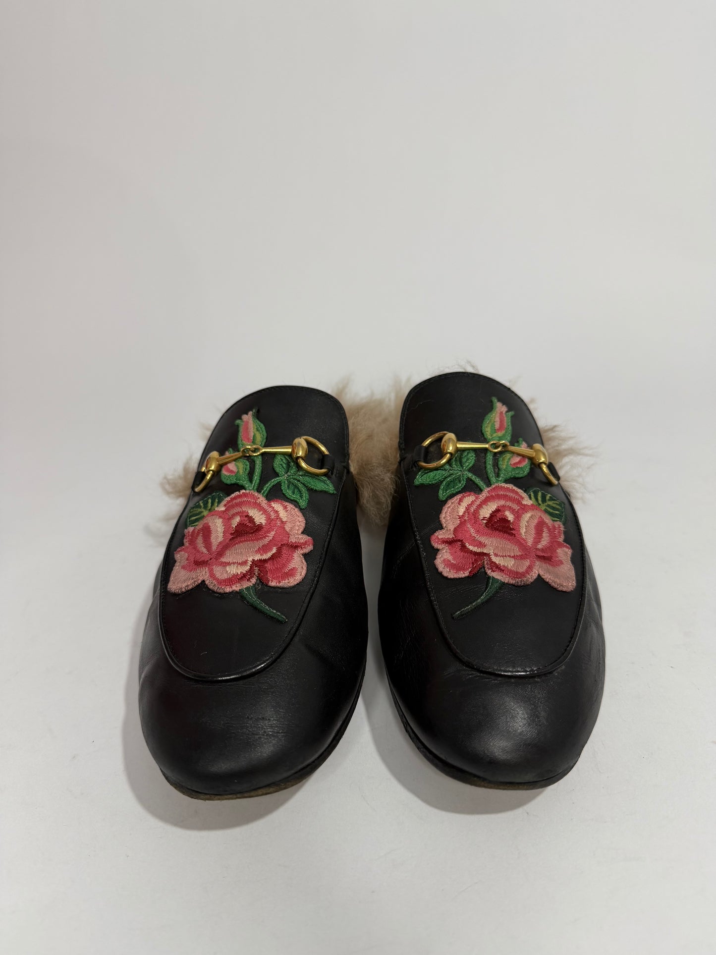 Gucci Black Floral Embroidered Leather and Fur Lined Princetown Mules Size 40 EU