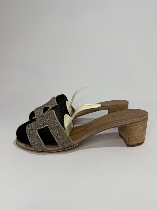 Hermes Gold Glitter Leather Oasis Slide Sandals Size 38 EU/8 US/ 5UK