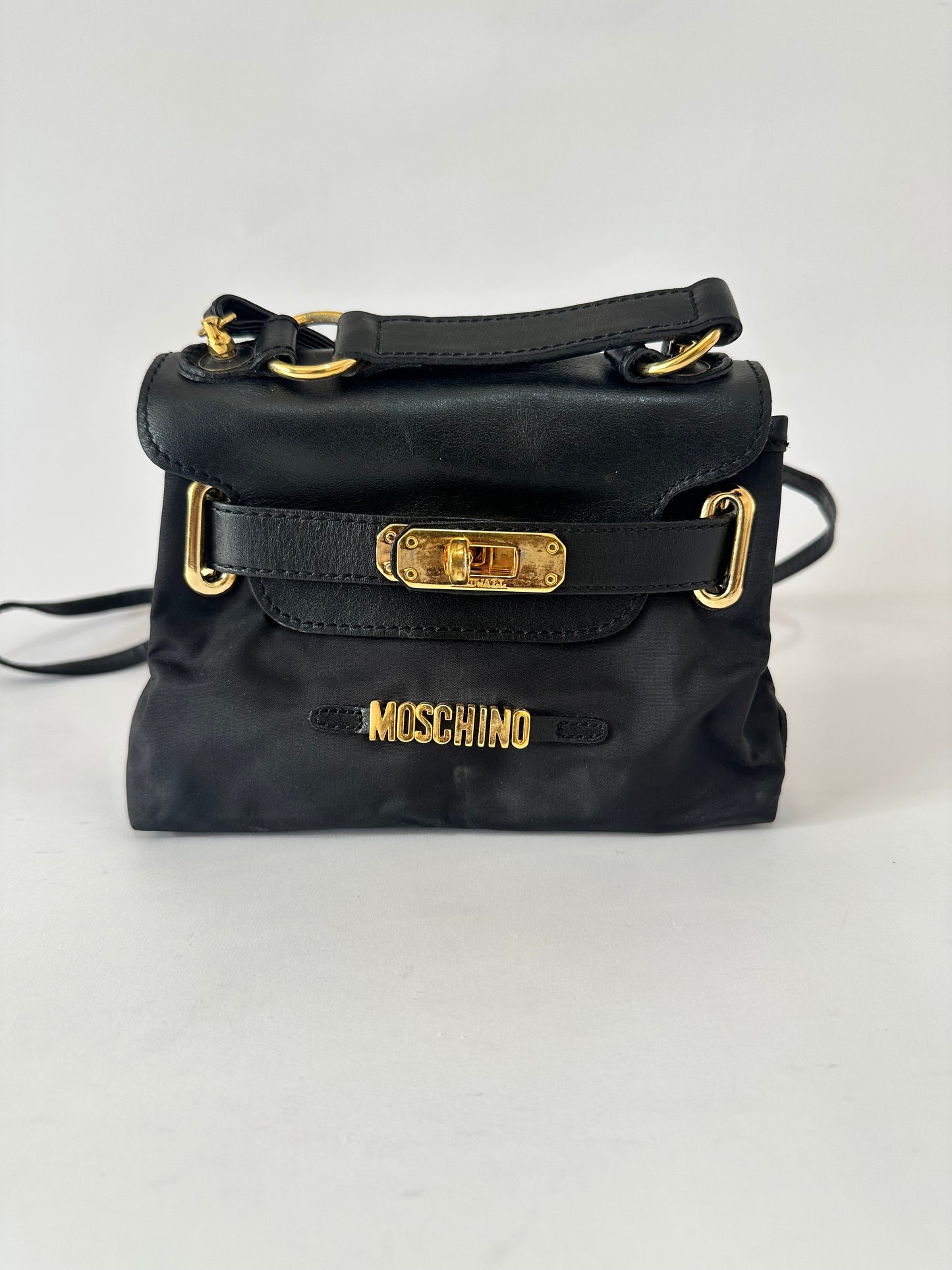 Vintage 1990's Moschino Brown Nylon & Leather Miniature Kelly Micro Bag