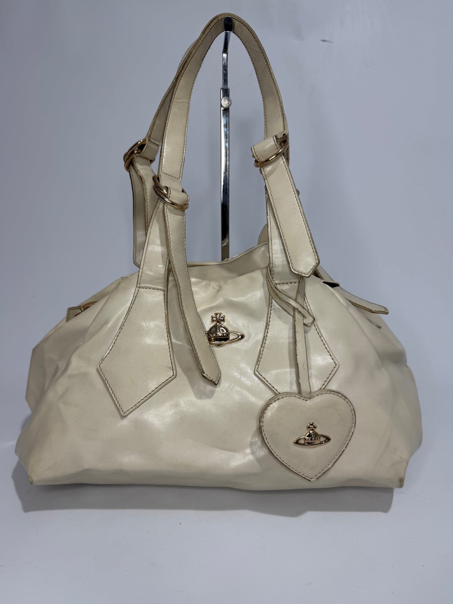 Vivienne Westwood Cream Leather Orb Heart Charm Shoulder Bag