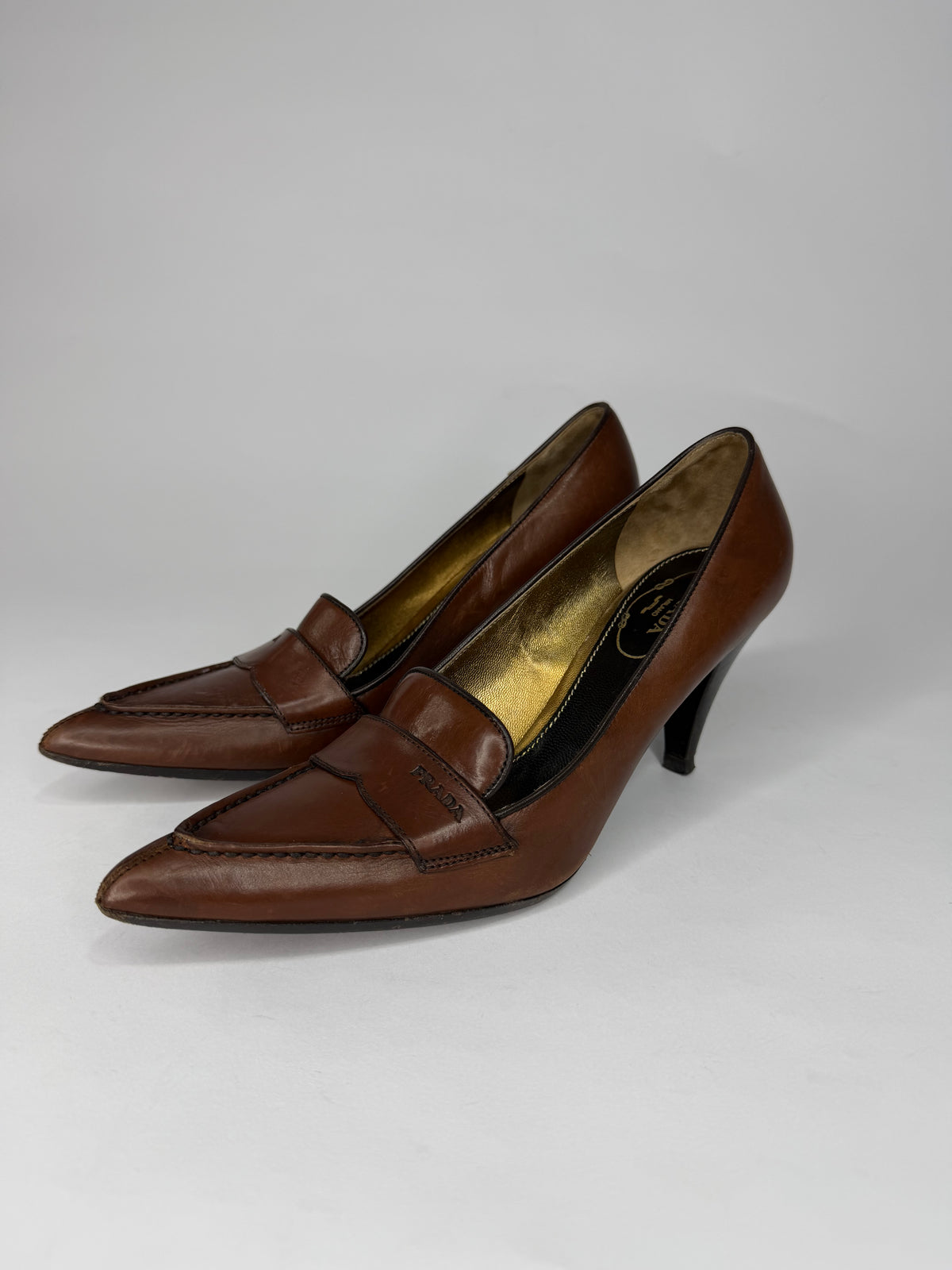 Prada Brown Leather Pointed-Toe Loafers Pumps 36.5 EU