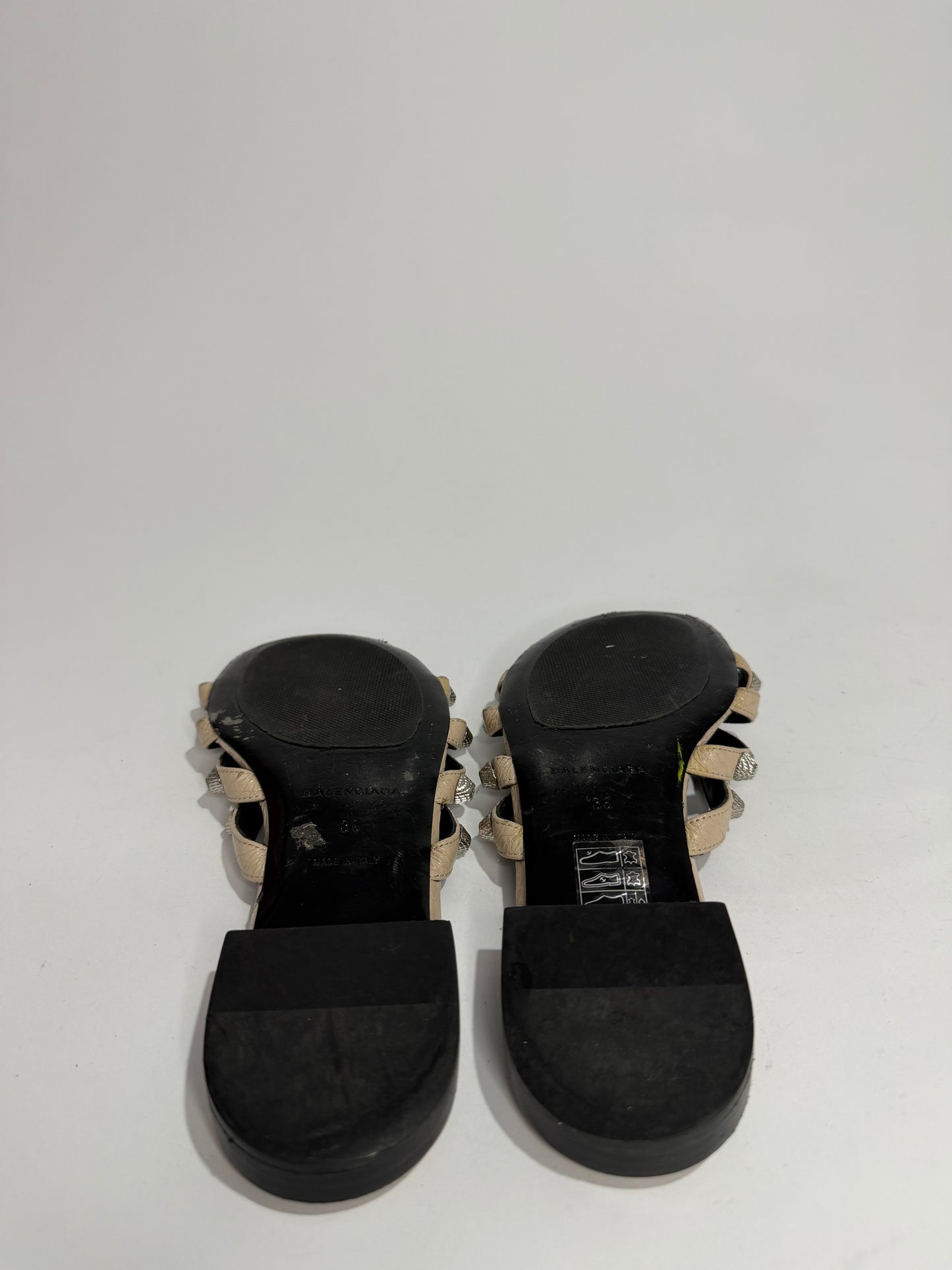 Balenciaga Beige Leather Arena Giant Studded Flat Slides Size 36