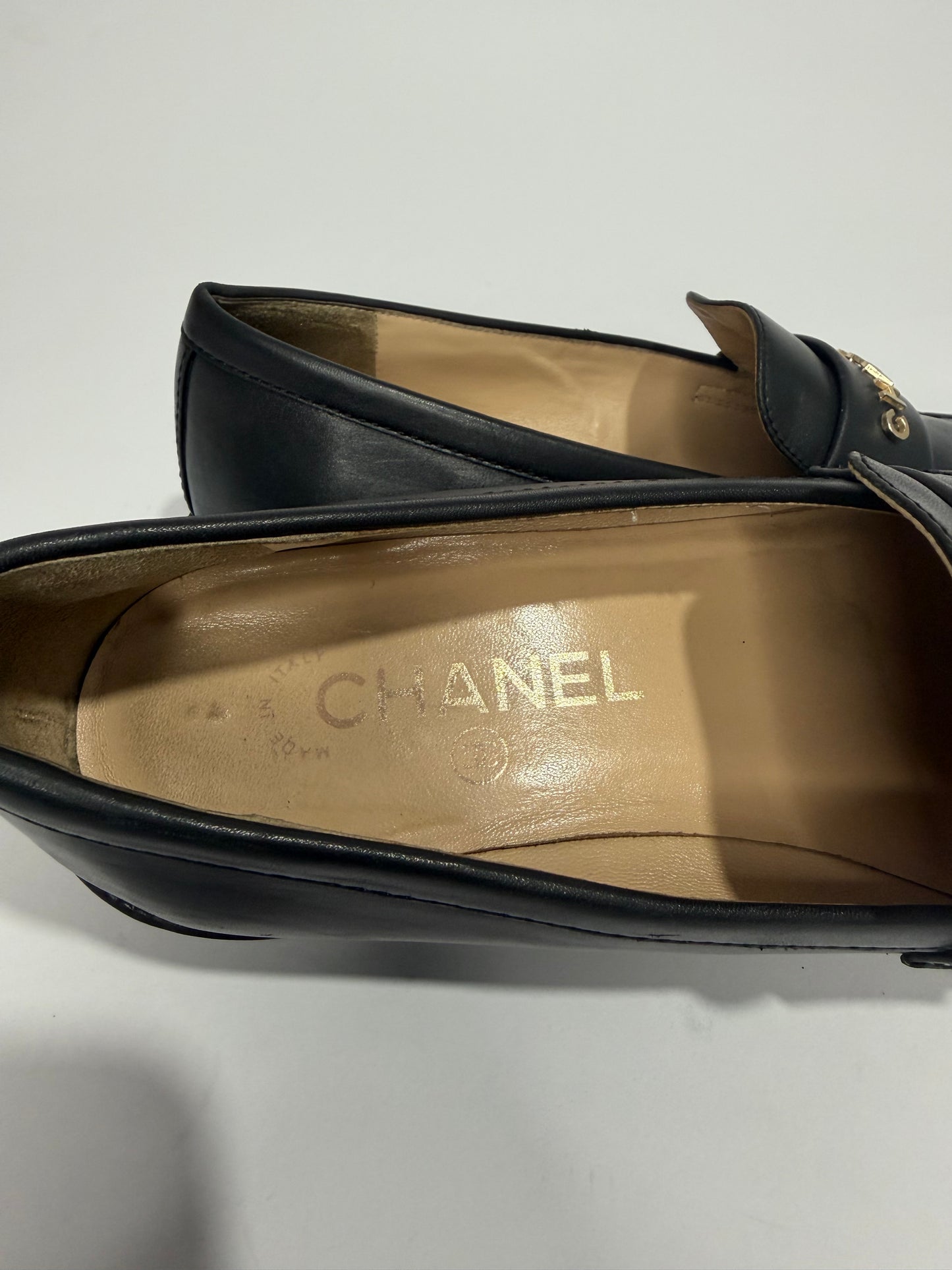 CHANEL x Pharrell Black Leather Logo Loafers Gold Hardware EU 38C