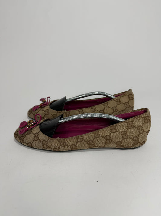 Gucci Beige/ Pink GG Canvas Bamboo Bow Tassel Ballet Flats Size 38