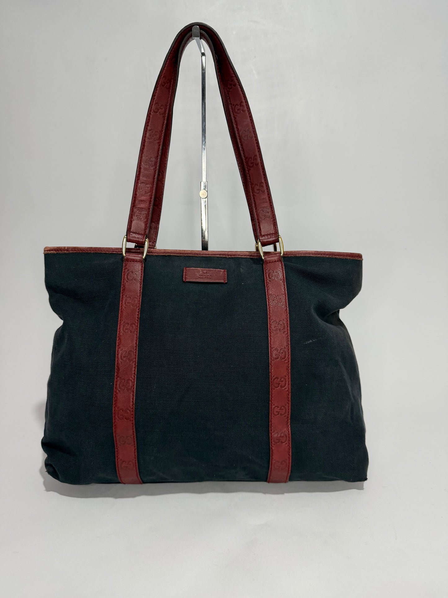 Vintage Gucci Canvas Tote Bag with Red GG Embossed Leather Straps