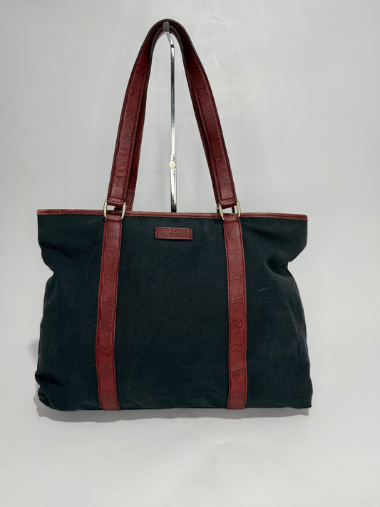 Vintage Gucci Canvas Tote Bag with Red GG Embossed Leather Straps