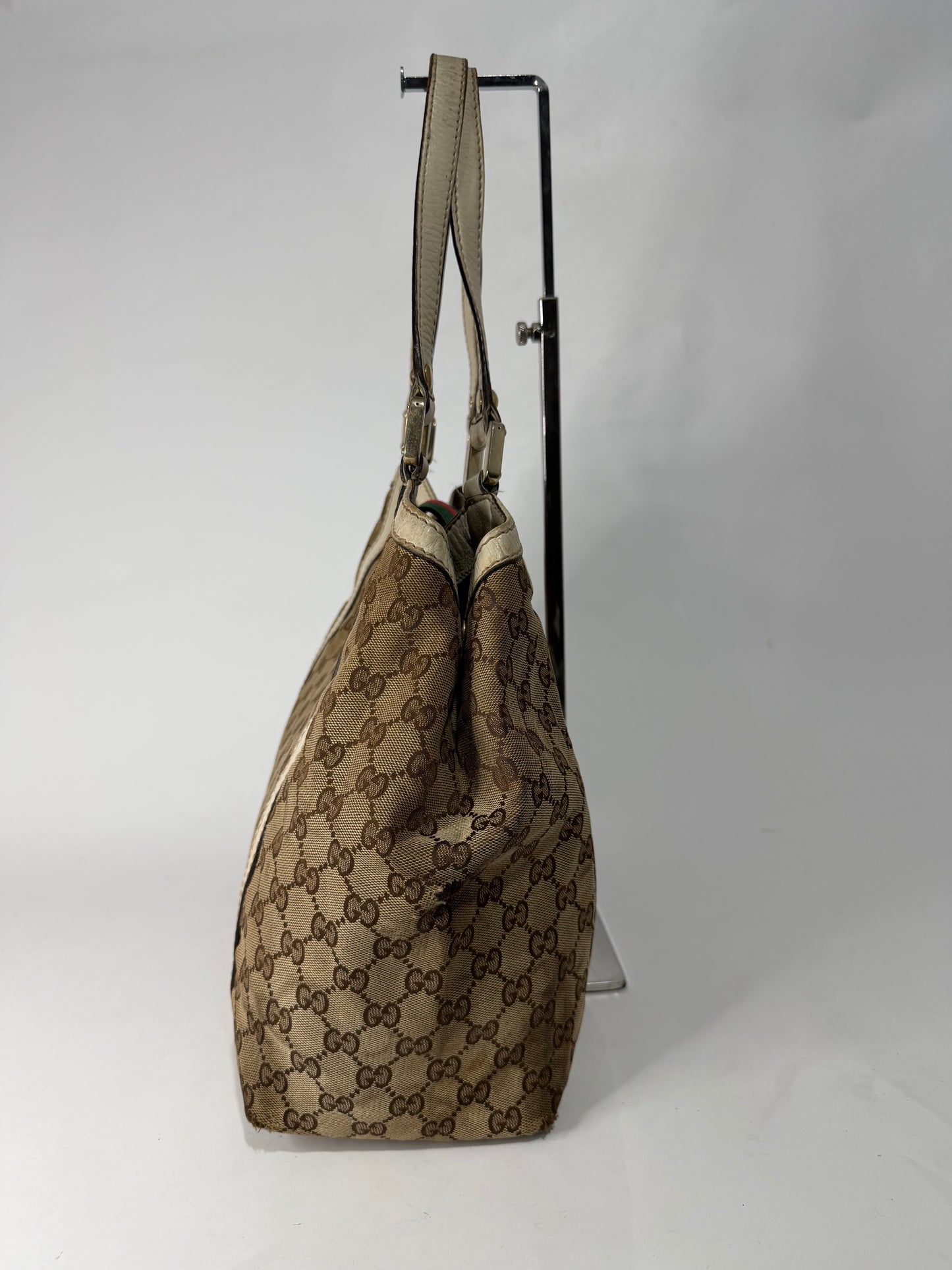 Gucci Beige/White GG Canvas and Leather Medium New Ladies Web Tote