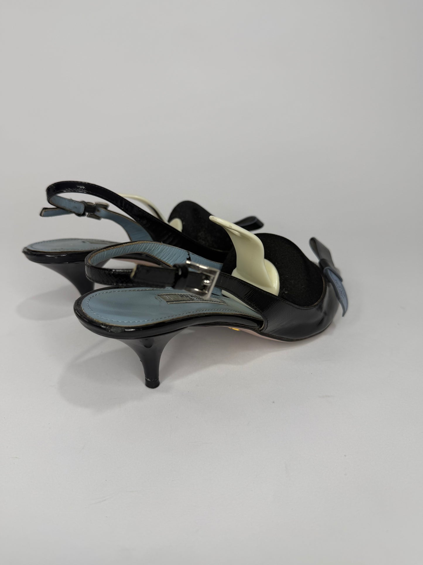 Prada Black Leather Bow Slingback Sandals Size 37.5 EU/ 7.5 US / 4.5 UK
