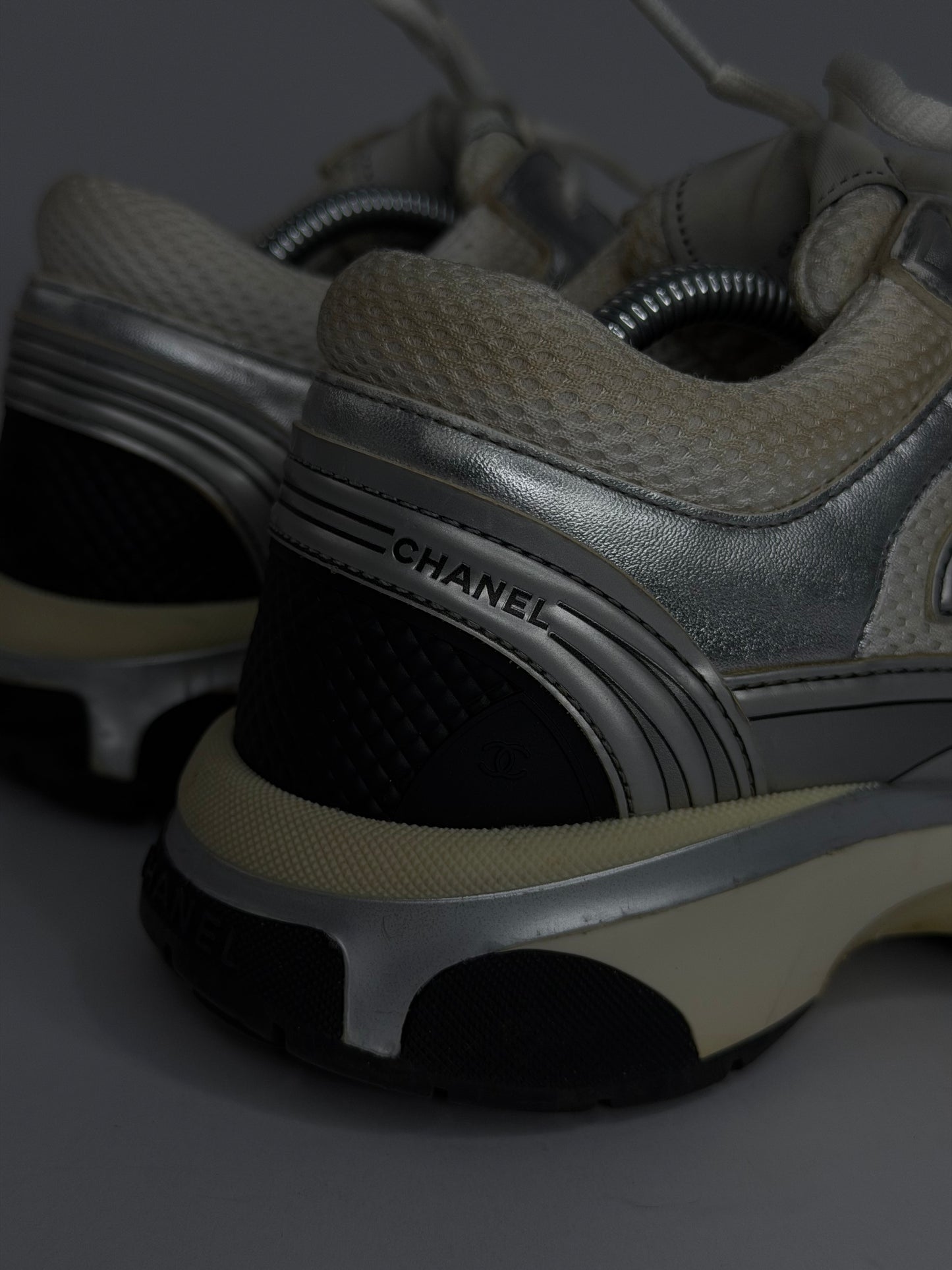 Chanel CC  Silver/White Leather and Mesh Low Top Sneakers
