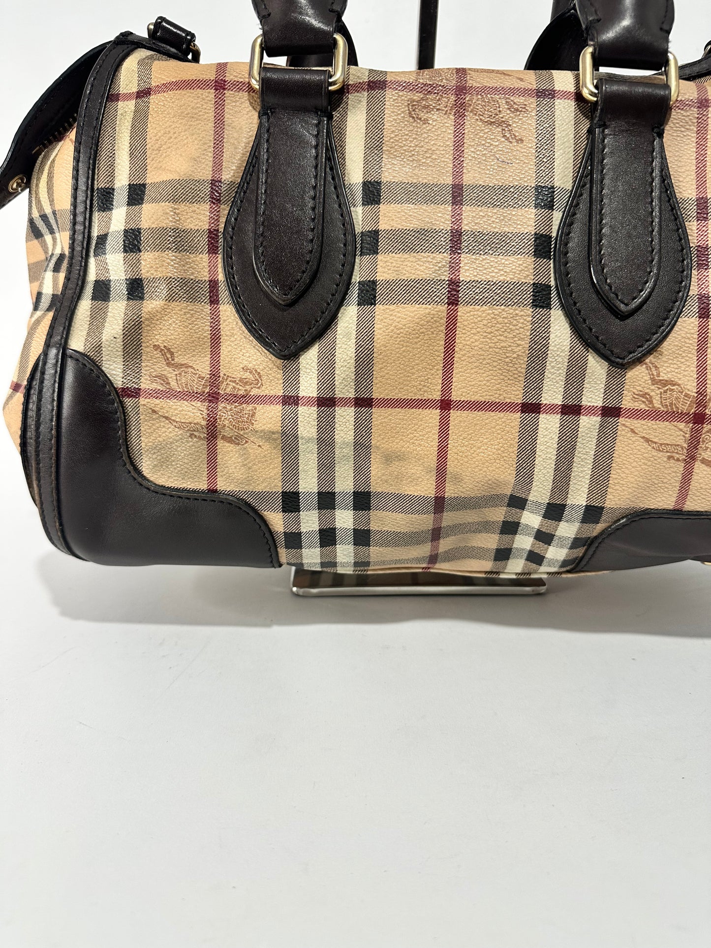 Burberry Beige/Brown Haymarket Check PVC and Leather Gladstone Bowling Bag